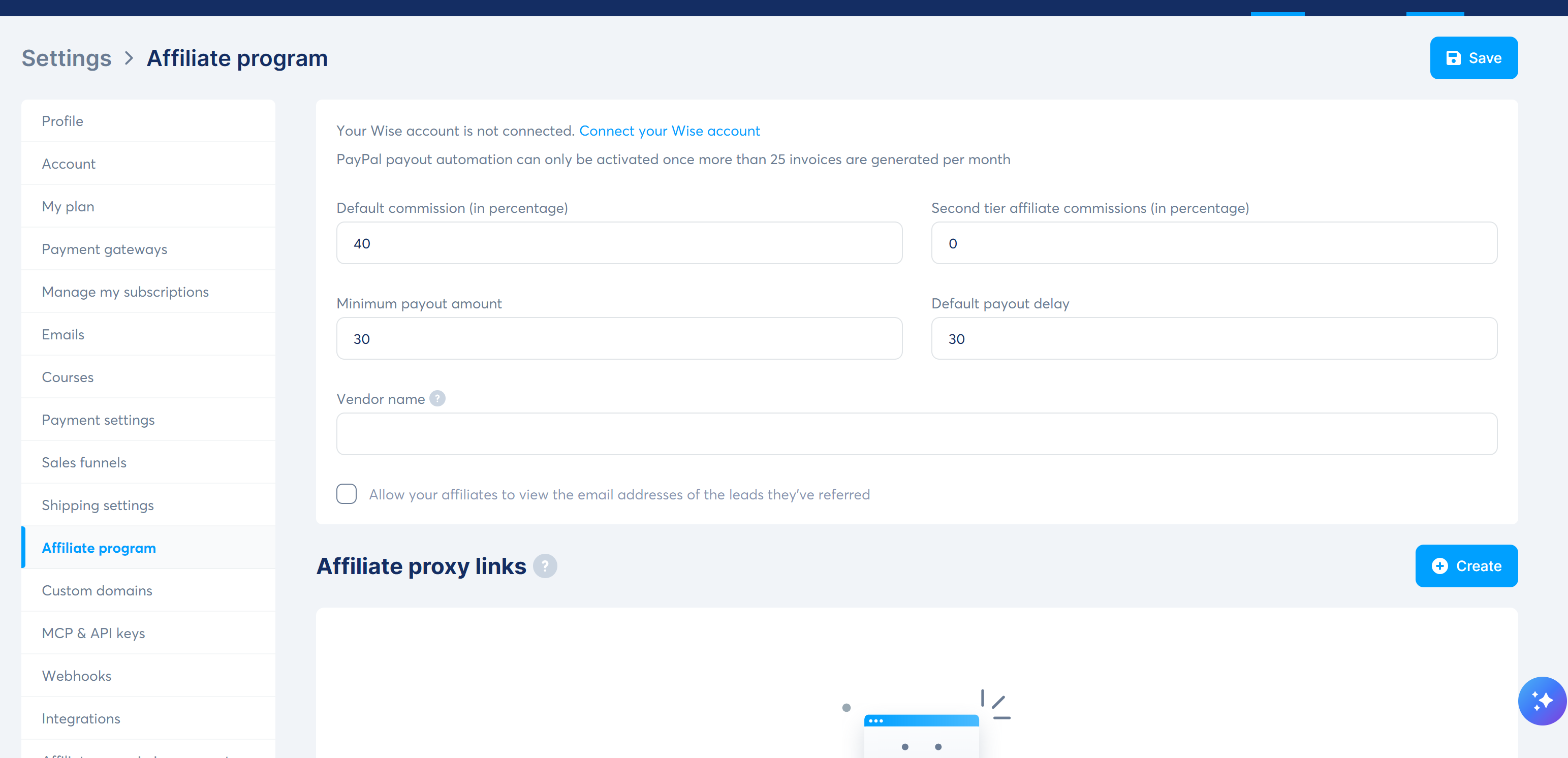 Affiliate program settings