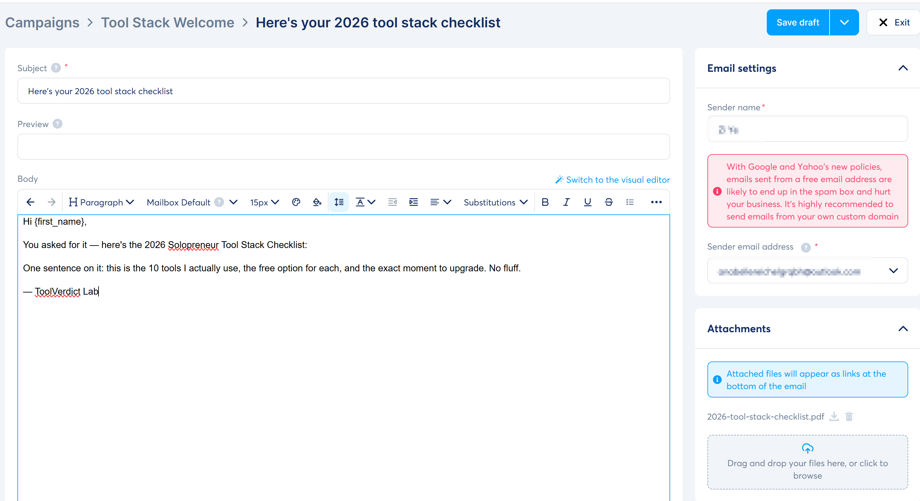 Email 1 editor with attachment